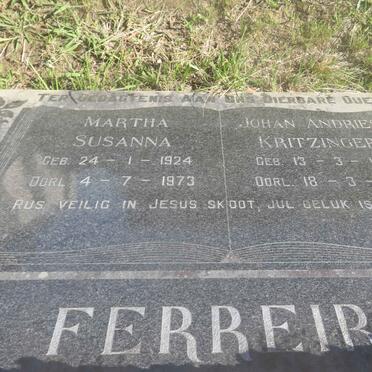 FERREIRA Johan Andries Kritzinger 1925-1973 &amp; Martha Susanna 1924-1973