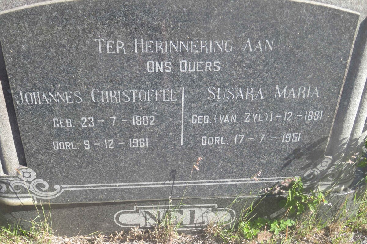 NEL Johannes Christoffel 1882-1961 &amp; Susara Maria VAN ZYL 1881-1951