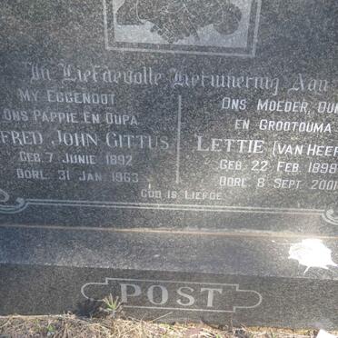 POST Alfred John Gittus 1892-1963 &amp; Lettie VAN HEERDEN 1898-2001