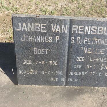 RENSBURG Johannes P., Janse van 1900-1968 &amp; S.C. Petronella LEMMER 1894-1980