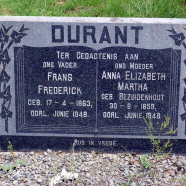 DURANT Frans Frederick 1863-1948 &amp; Anna Elizabeth Martha BEZUIDENHOUT 1859-1948