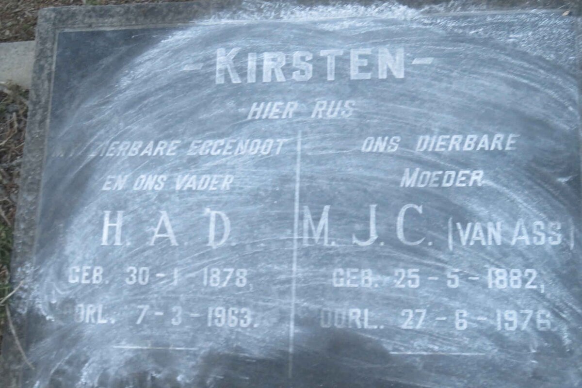 KIRSTEN H.A.D. 1878-1963 &amp; M.J.C. VAN ASS 1882-1976