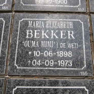 BEKKER Maria Elizabeth nee DE WET. 1898-1973
