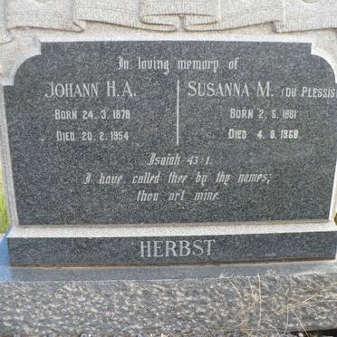HERBST Johann H.A. 1878-1954 &amp; Susanna M. DU PLESSIS 1881-1968