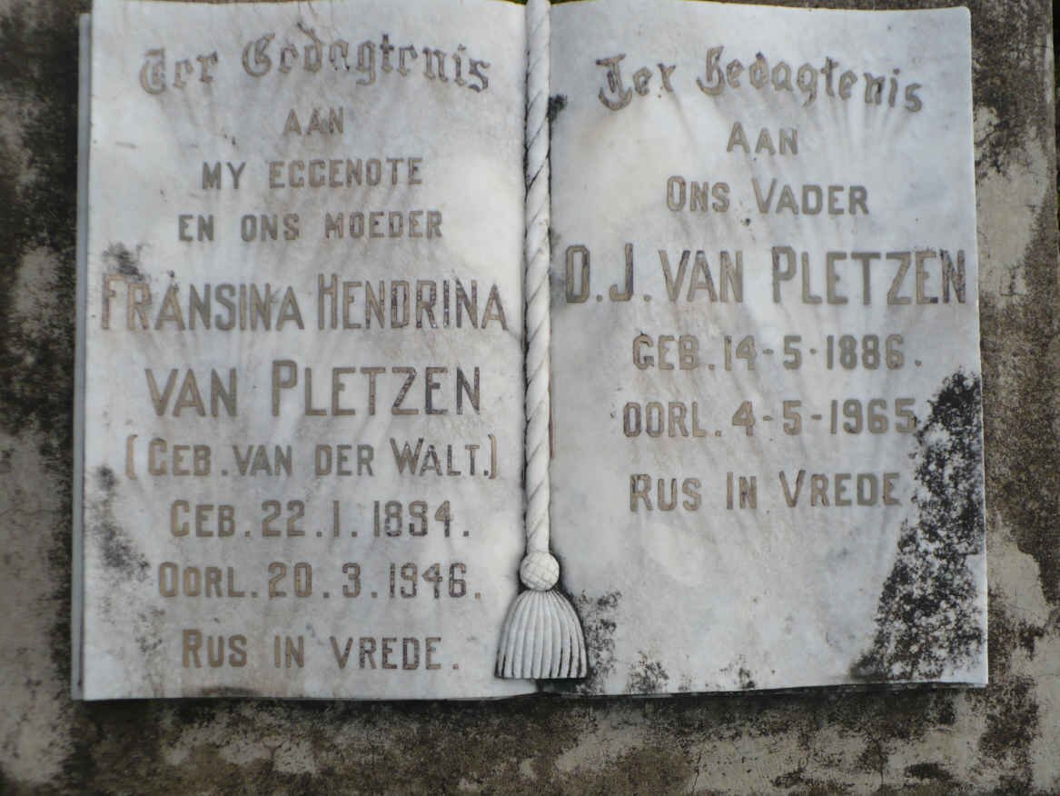 PLETZEN D.J., van 1886-1965 &amp; Fransina Hendrina VAN DER WALT 1894-1946