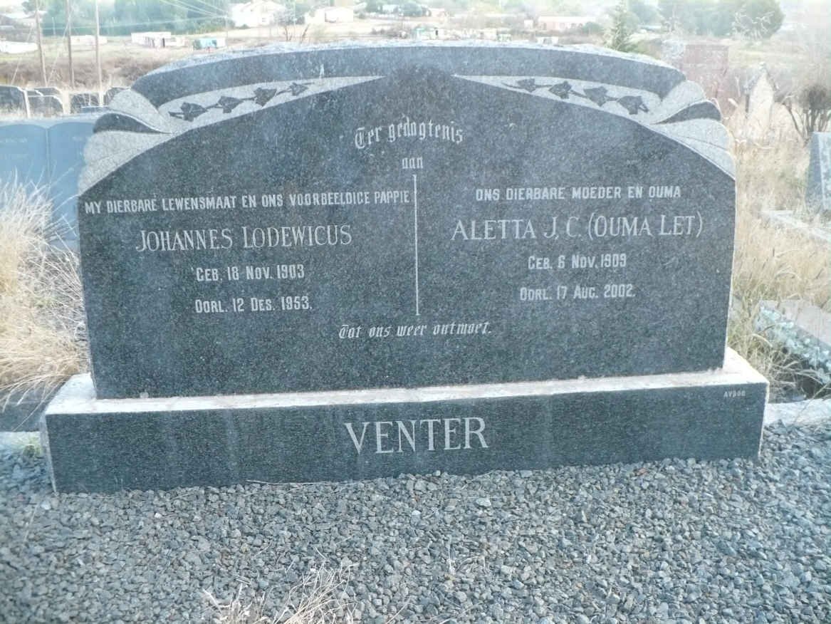 VENTER Johannes Lodewicus 1903-1953 &amp; Aletta J.C. 1909-2002