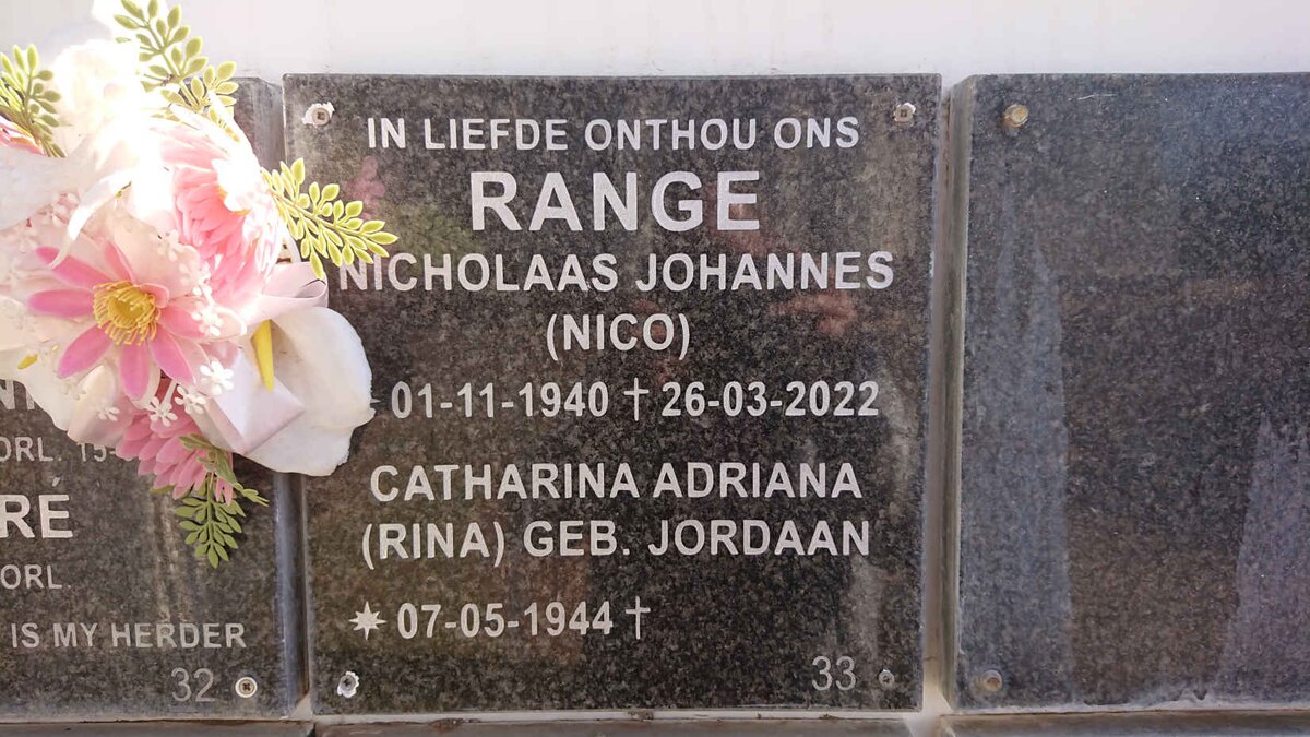 RANGE Nicholaas Johannes 1940-2022 &amp; Catharina Adriana JORDAAN 1944-