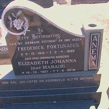 ANEMA Frederick Fortunatus 1910-1980 &amp; Elizabeth Johanna MARAIS 1927-2018