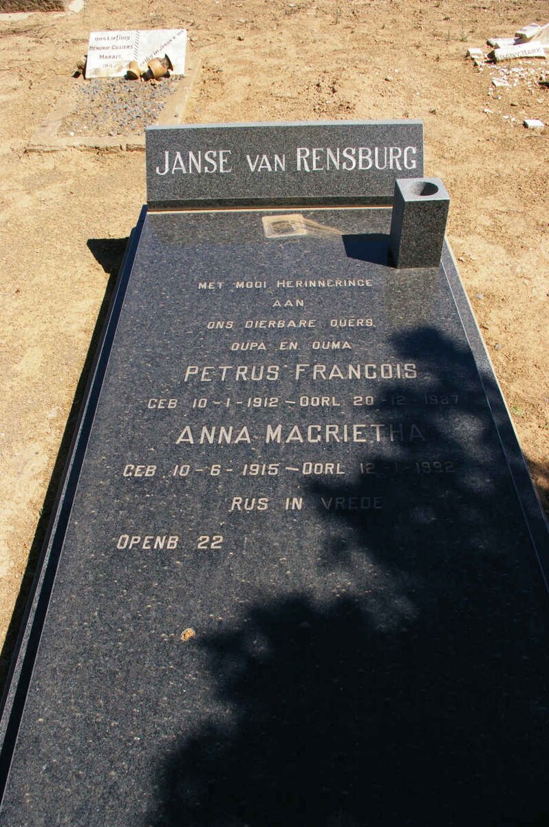 RENSBURG Petrus Francois, Janse van 1912-1987 &amp; Anna Magrietha 1915-1992