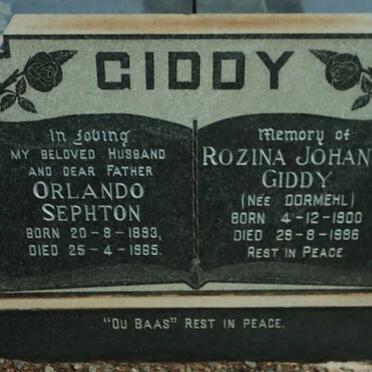 GIDDY Orlando Sephton 1893-1965 &amp; Rozina Johanna DORMEHL 1900-1986