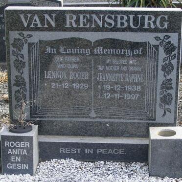 RENSBURG Lennox Roger, van 1929-  &amp; Jeanette Daphne 1938-1997