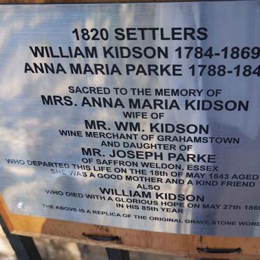 KIDSON William 1784-1869 & Anna Maria PARKE 1788-1843