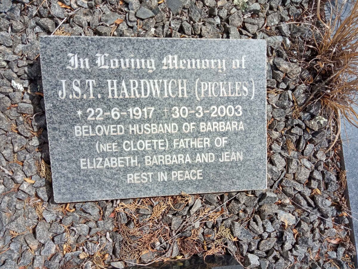 HARDWICH J.S.T. 1917-2003 &amp; Barbara Claire Stewart CLOETE 1922-1986