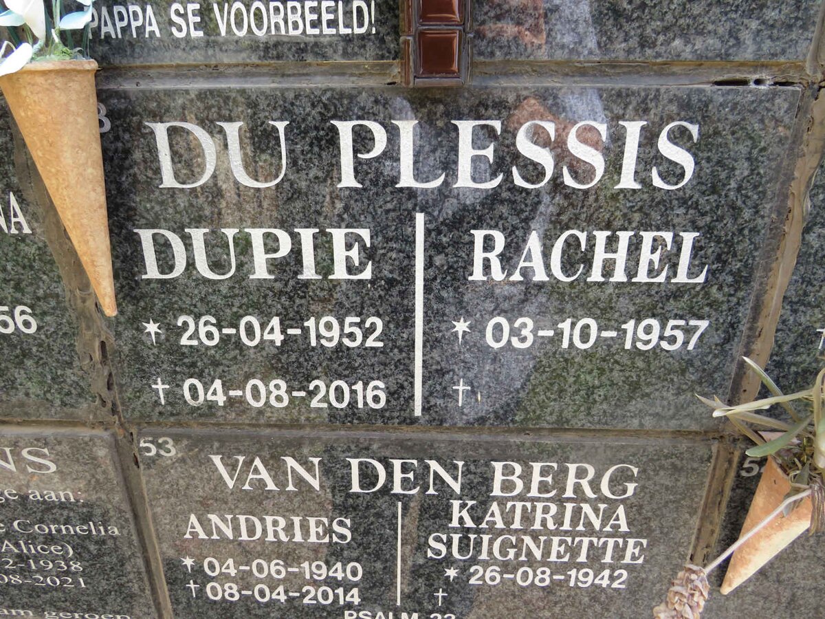 PLESSIS Dupie, du 1952-2016 &amp; Rachel 1957-