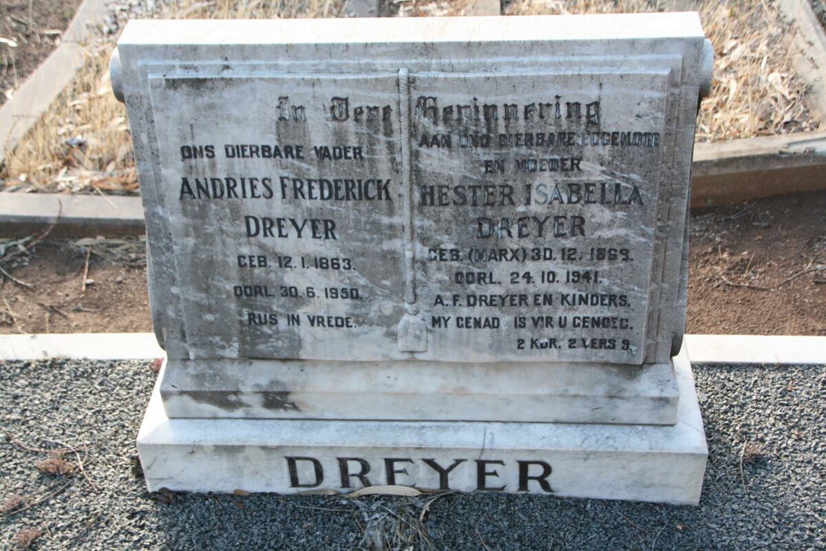 DREYER Andries Frederick 1863-1950 &amp; Hester Isabella MARX 1869-1941