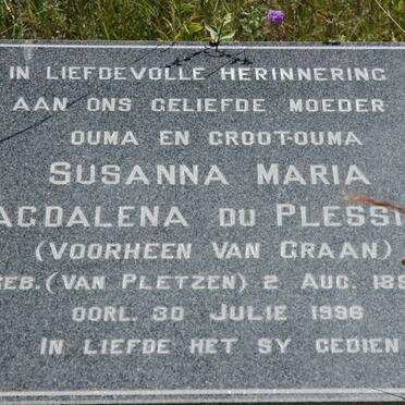 PLESSIS Susanna Maria Magdalena, du formerly VAN GRAAN nee VAN PLETZEN 1899-1996
