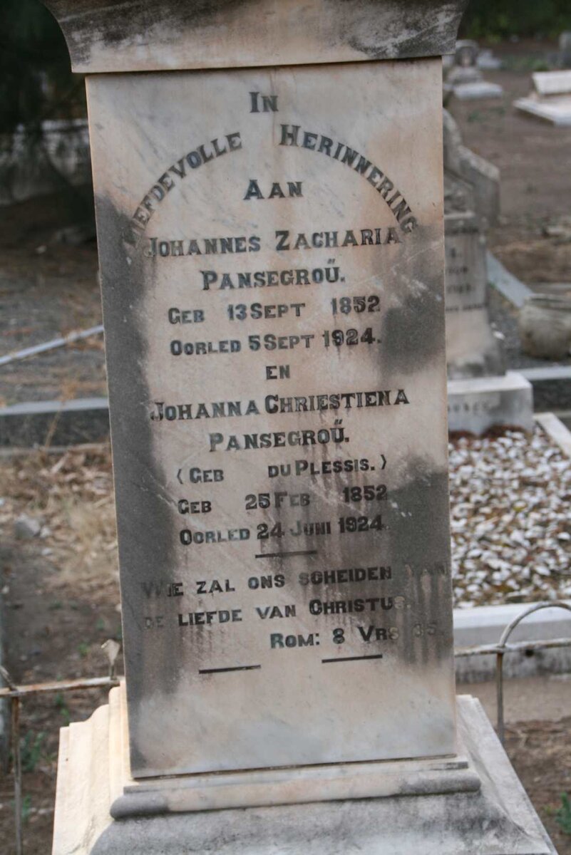 PANSEGROÜ Johannes Zacharia 1852-1924 &amp; Johanna Chriestiena DU PLESSIS 1852-1924