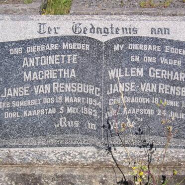 RENSBURG Willem Gerhardus, Janse van 1896-1950 &amp; Antoinette Magrietha 1894-1963