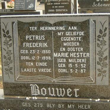 BOUWER Petrus Frederik 1950-1998 &amp; Marie Hester MULDER 1952-1987