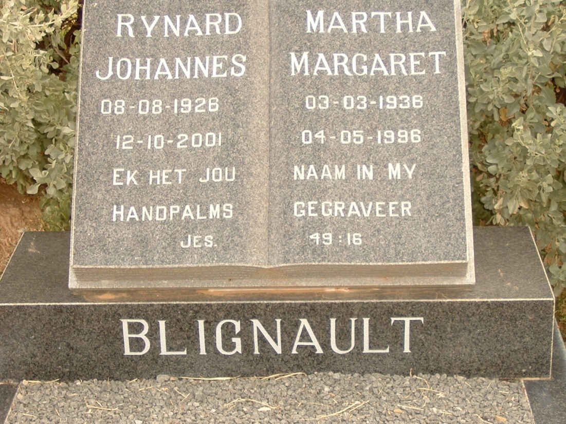 BLIGNAULT Rynard Johannes 1926-2001 &amp; Martha Margaret 1936-1996