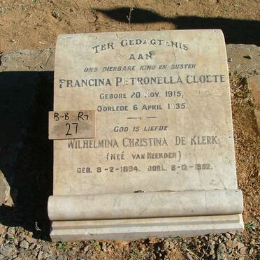 CLOETE Francina Petronella 1915-1935 :: DE KLERK Wilhelmina Christina nee VAN HEERDEN 1884-1952