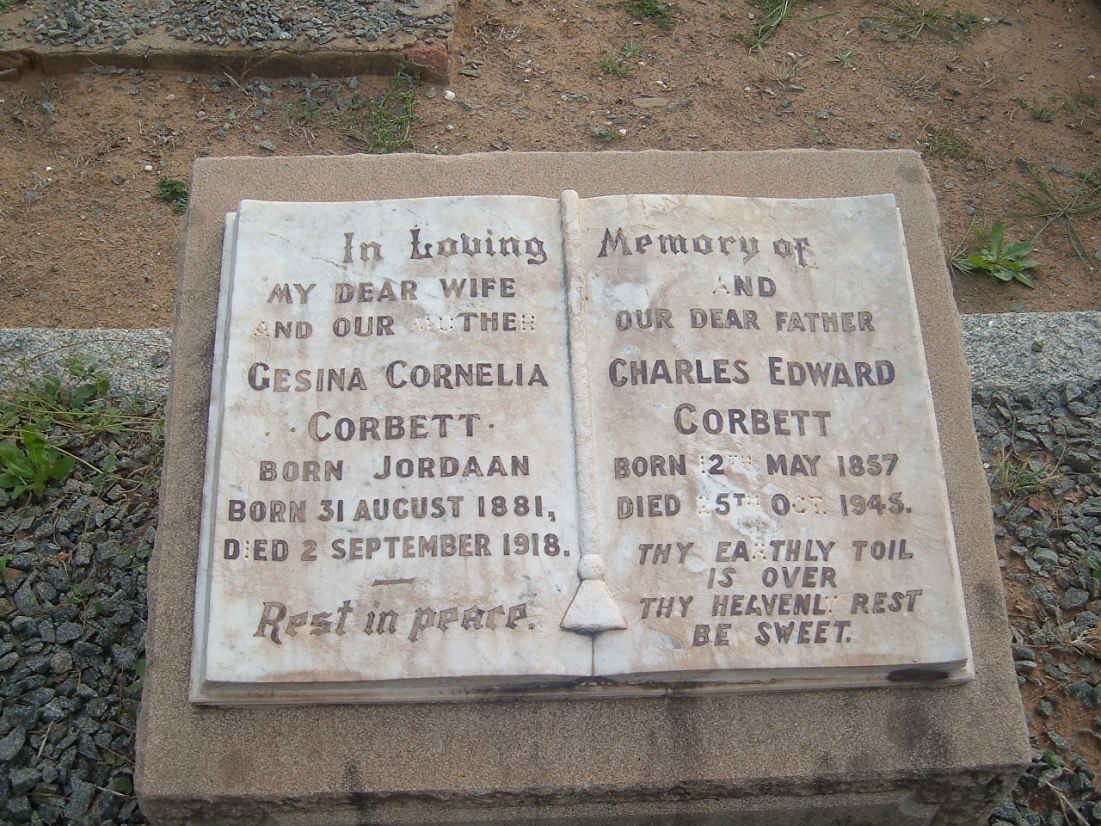 CORBETT Charles Edward 1857-1945 &amp; Gesina Cornelia JORDAAN 1881-1918