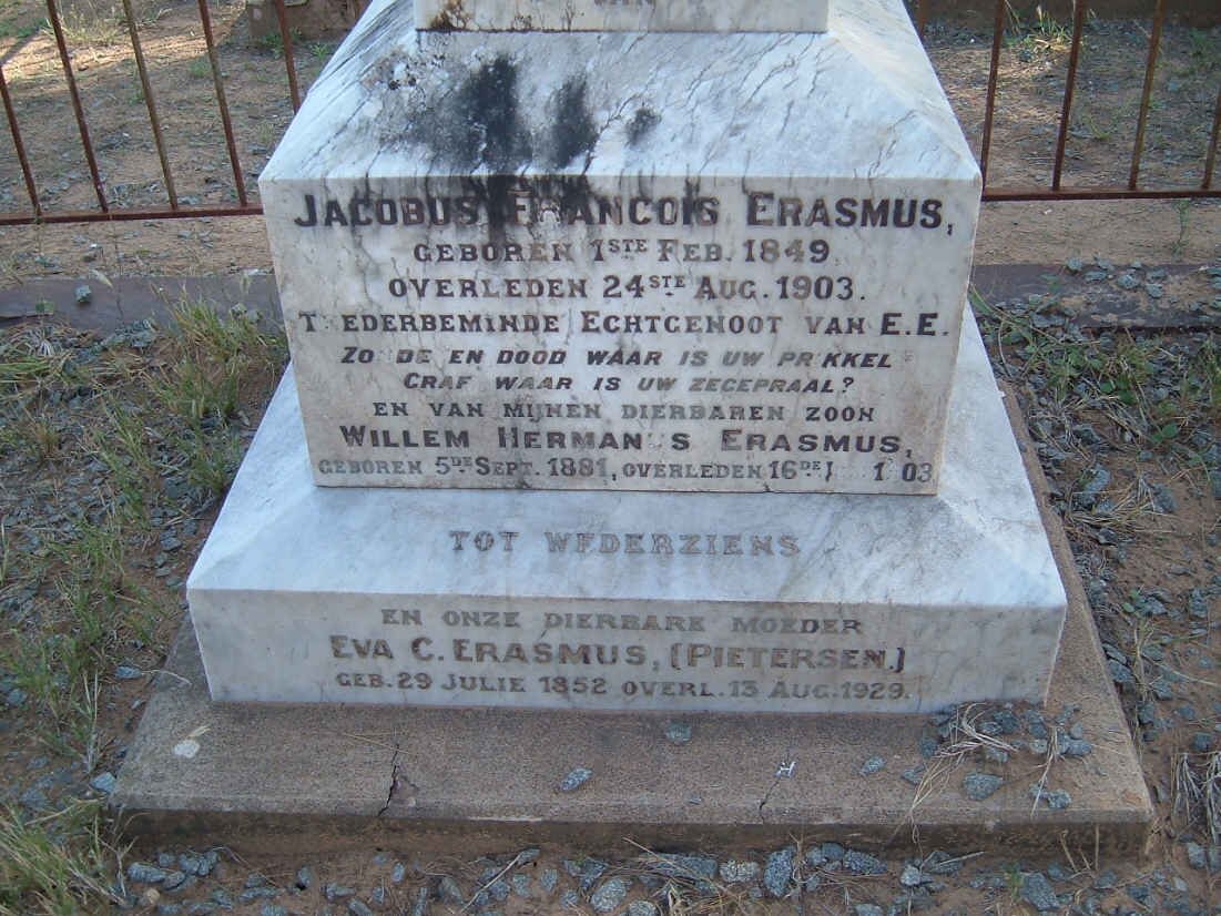 ERASMUS Jacobus Francois 1849-1903 &amp; Eva C. PIETERSEN 1852-1929 :: ERASMUS Willem Hermanus 1881-1903
