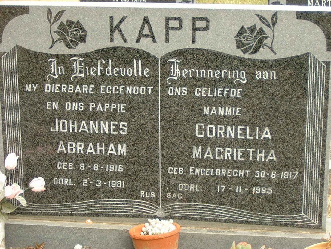 KAPP Johannes Abraham 1916-1981 &amp; Cornelia Magrietha ENGELBRECHT 1917-1985