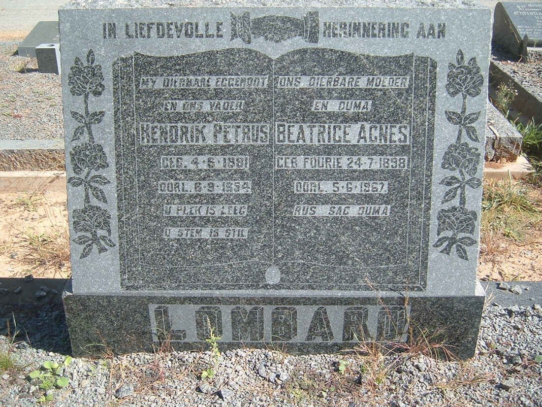 LOMBARD Hendrik Petrus 1891-1954 &amp; Beatrice Agnes FOURIE 1898-1967