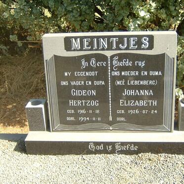 MEINTJES Gideon Hertzog 1916-1994 &amp; Johanna Elizabeth LIEBENBERG 1926-