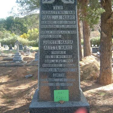 MARÉ Paul J. 1855-1926 &amp; Judith Maria Aletta TROSKIE 1880-1948 :: SMITH Cornelia Marguirieta nee MARÉ 1885-1972