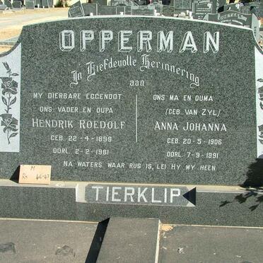 OPPERMAN Hendrik Roedolf 1899-1981 &amp; Anna Johanna VAN ZYL 1906-1991