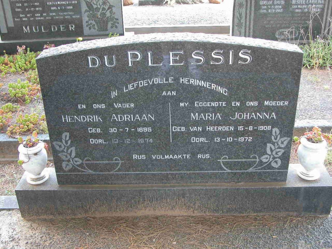 PLESSIS Hendrik Adriaan, du 1895-1974 &amp; Maria Johanna VAN HEERDEN 1908-1972