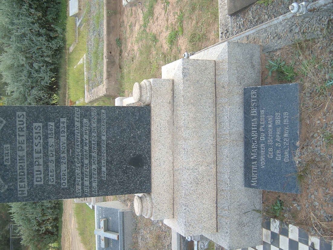 PLESSIS Hendrik Petrus, du 1867-1934 &amp; BESTER Martha Margaritha voorheen DU PLESSIS nee SCHOEMAN 1869-1959