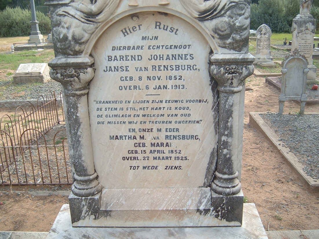 RENSBURG Barend Johannes, Janse van 1852-1913 &amp; Martha M. MARAIS 1852-1925