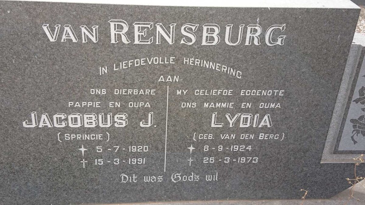 RENSBURG Jacobus J., van 1920-1991 &amp; Lydia VAN DEN BERG 1924-1973