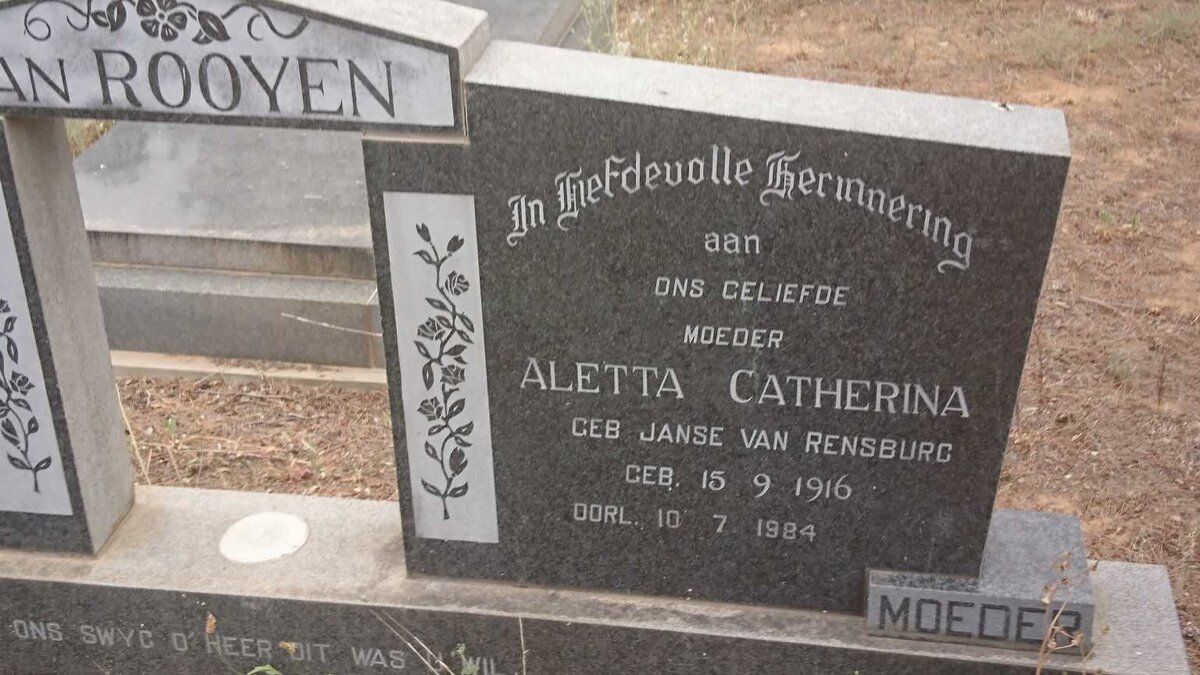 ROOYEN Johannes Willem, van 1914-1976 &amp; Aletta Catherina JANSE VAN RENSBURG 1916-1984