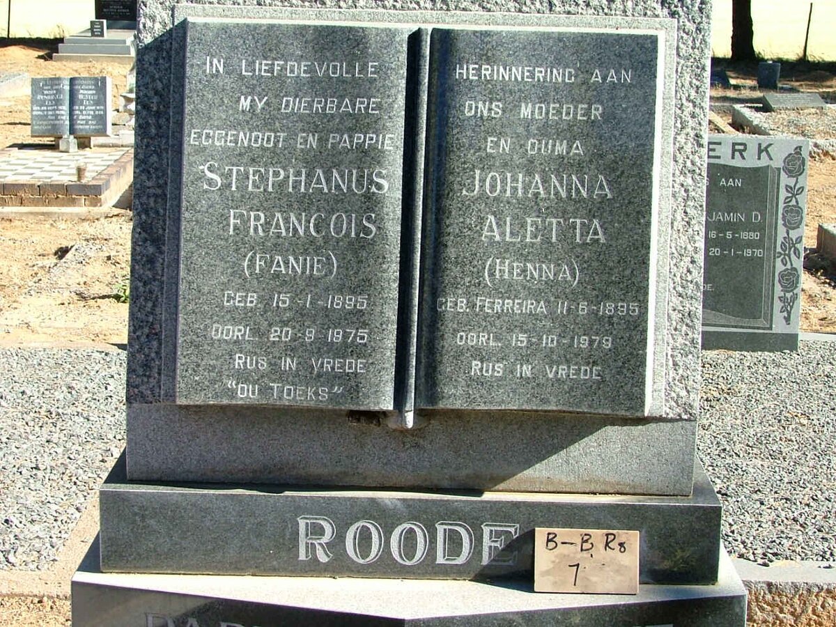ROODE Stephanus Francois 1895-1975 &amp; Johanna Aletta FERREIRA 1895-1979