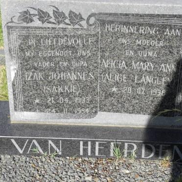 HEERDEN Izak Johannes, van 1933-1994 &amp; Alicia Mary Ann LANGLEY 1938-