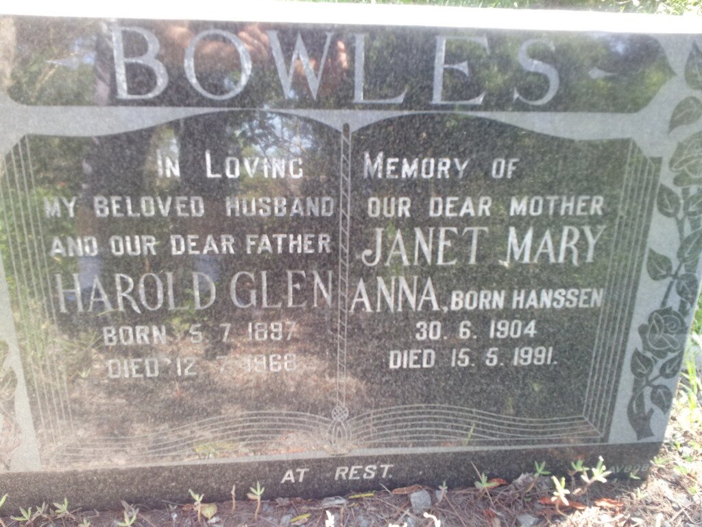 BOWLES Harold Glen 1897-1968 &amp; Janet Mary Anna HANSSEN 1904-1991
