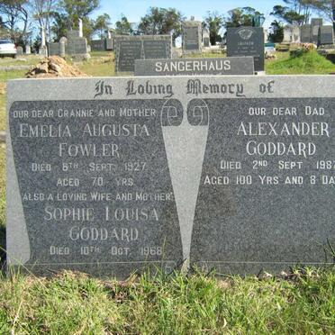 FOWLER Emelia Augusta -1927 aged 70 yrs :: GODDARD Alexander  -1987 &amp; Sophie Louisa  -1968