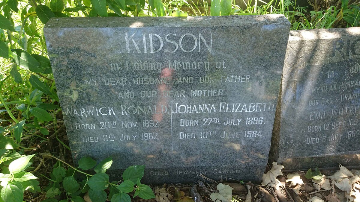 KIDSON Warwick Ronald 1892-1962 &amp; Johanna Elizabeth 1896-1984