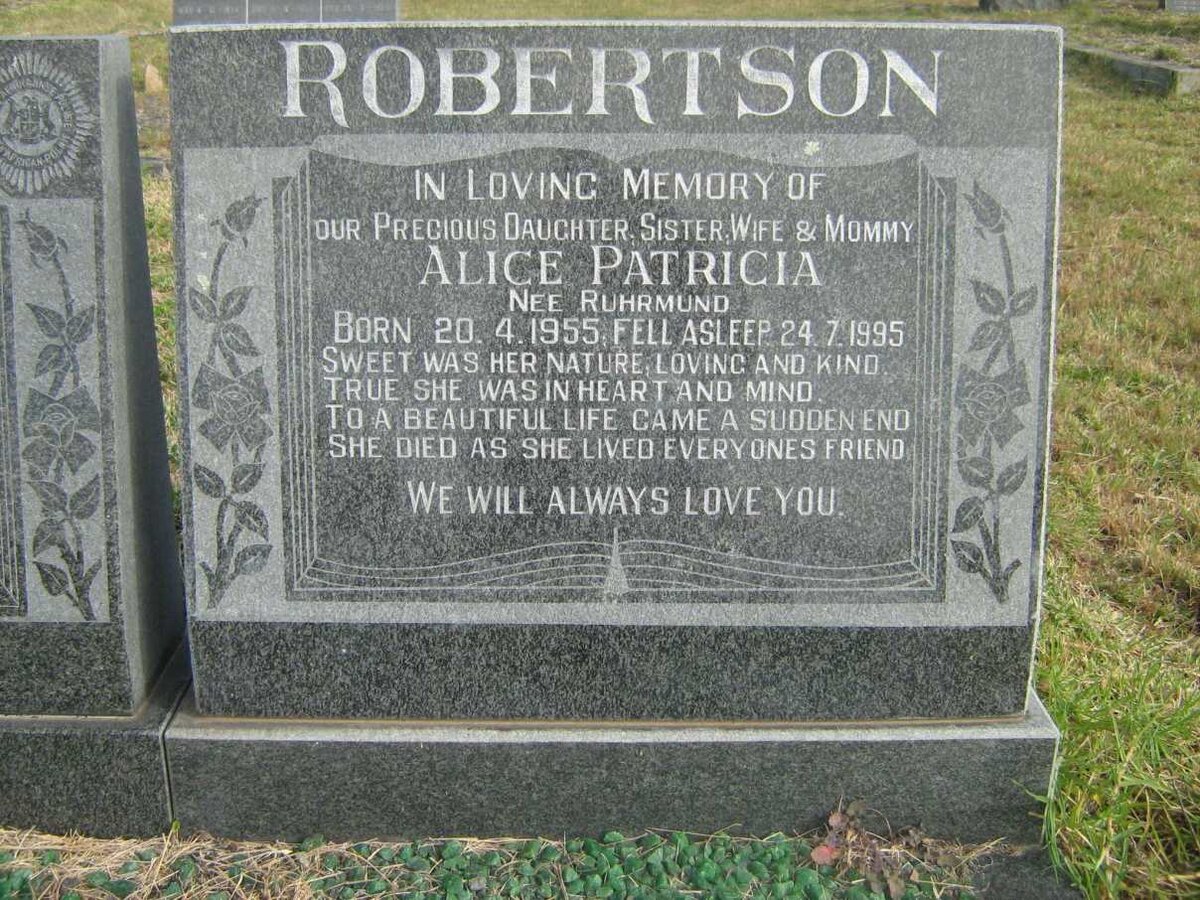ROBERTSON Alice Patricia nee RUHRMUND 1955-1995