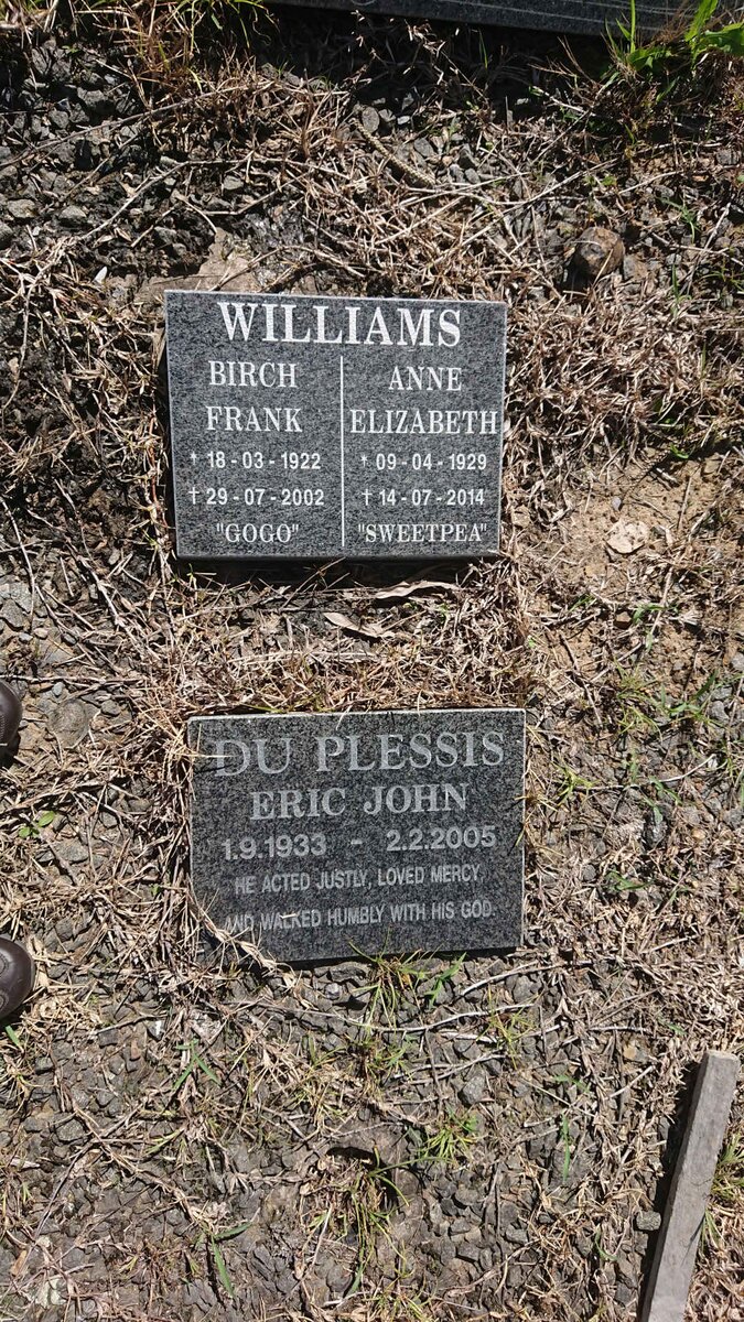 WILLIAMS Birch Frank 1922-2002 &amp; Anne Elizabeth 1929-2014 :: DU PLESSIS Eric John 1933-2005