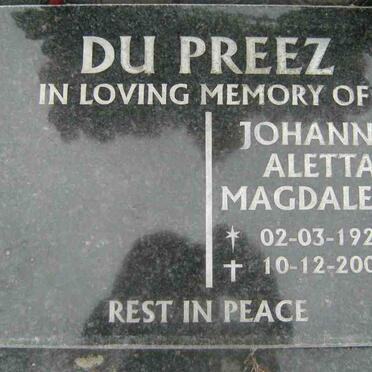 PREEZ Johanna Aletta Magdalena, du 1927-2006