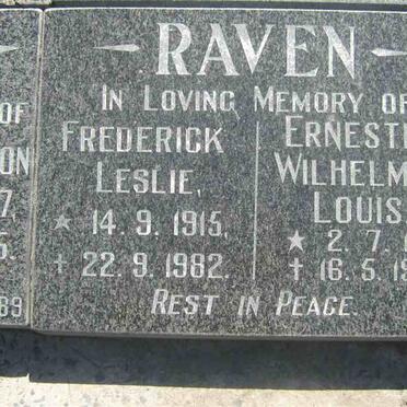 RAVEN Frederick Leslie 1915-1982 &amp; Ernestina Wilhelmina Louisa 1916-1993