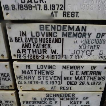 BENDEMAN Arthur W. 1898-1973 & Joyce D. 1910-1996