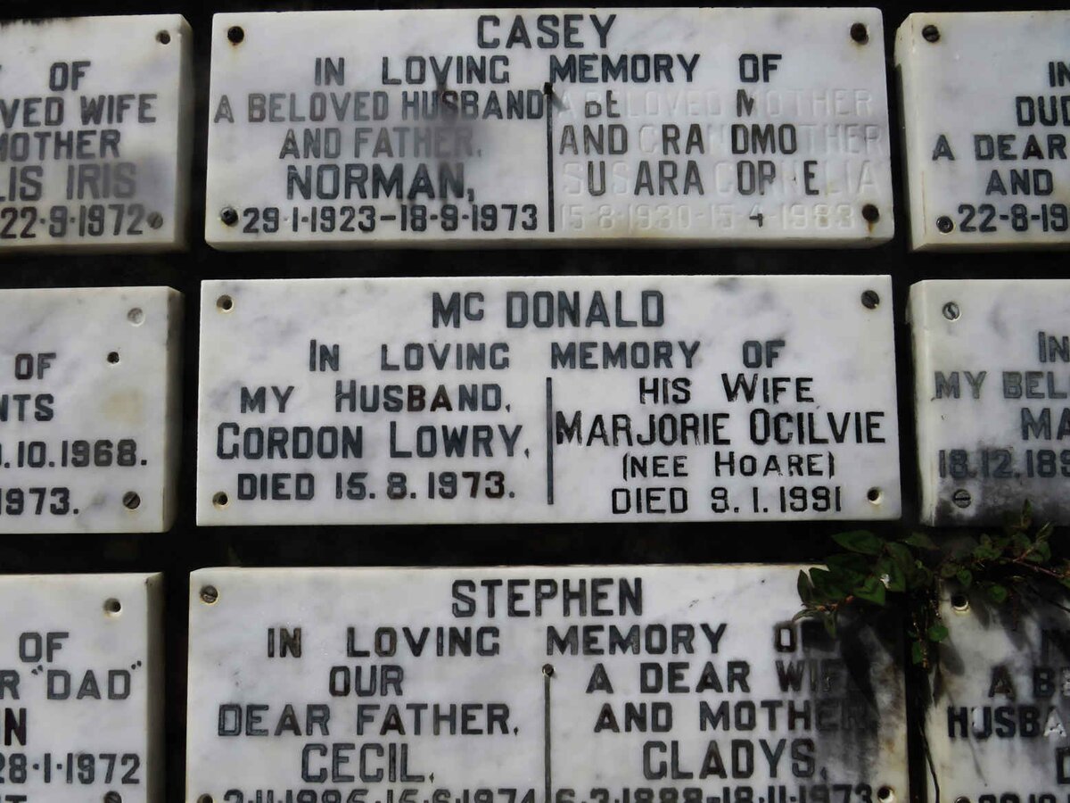MCDONALD Gordon Lowry -1973 &amp; Marjorie Ogilvie HOARE -1991