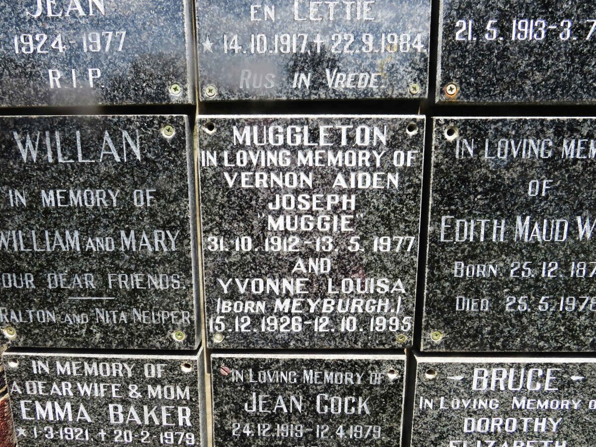MUGGLETON Vernon Aiden Joseph 1912-1977 &amp; Yvonne Louisa MEYBURGH 1926-1995