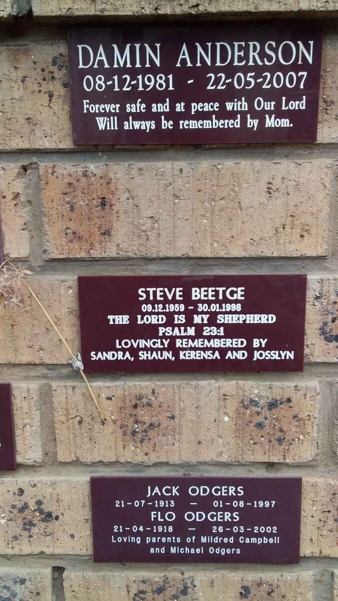 ANDERSON Damin 1981-2007 :: BEETGE Steve 1959-1998 :: ODGERS Jack 1913-1997 &amp; Flo 1918-2002